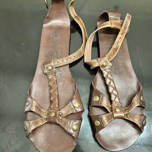 Matisse Brown Sandals with T-Strap and Crystal Embellishments